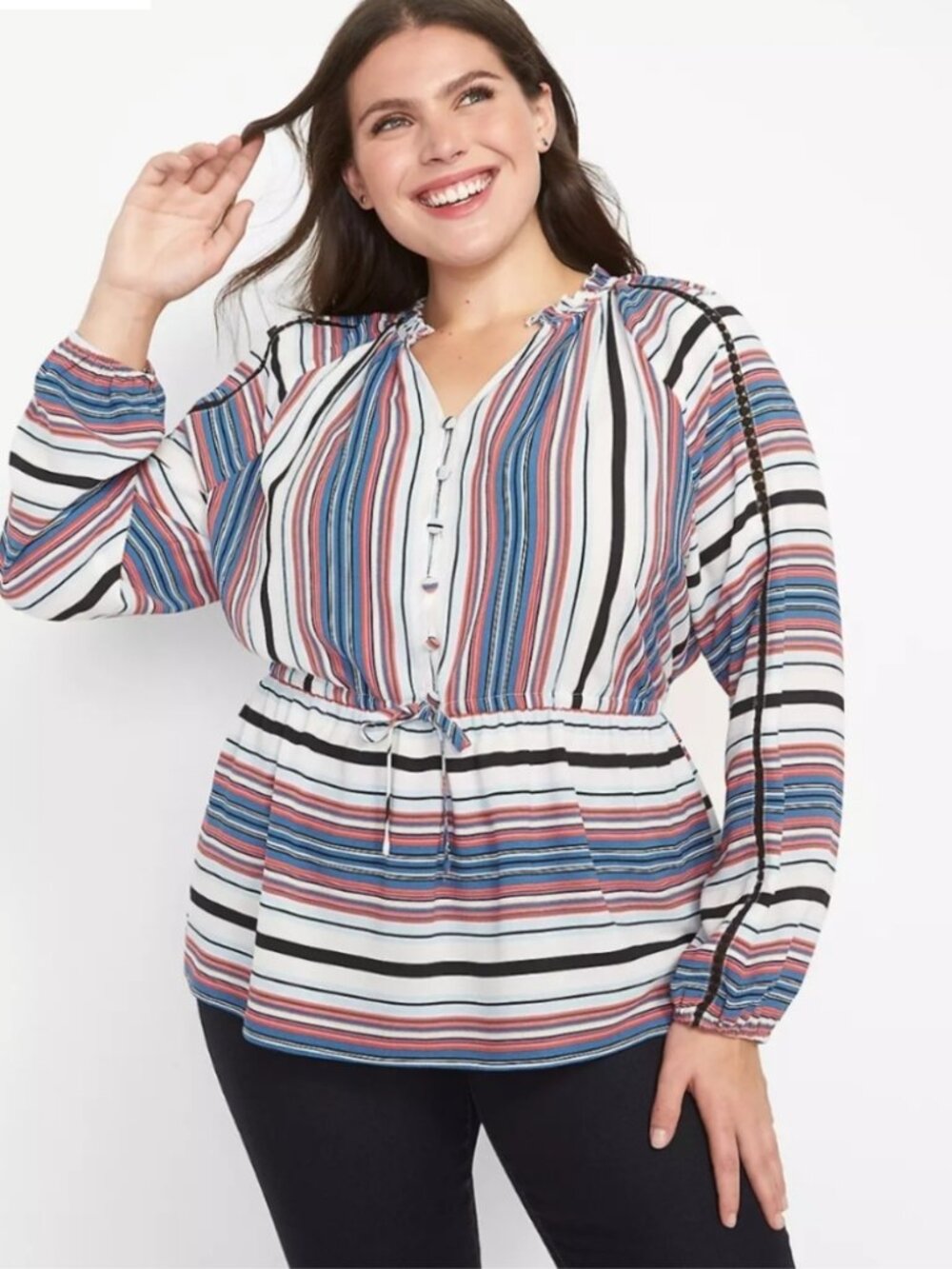 Lane Bryant Striped Peplum Blouse 18/20 Long Sleeve Waist Cinch Boho Plus Size